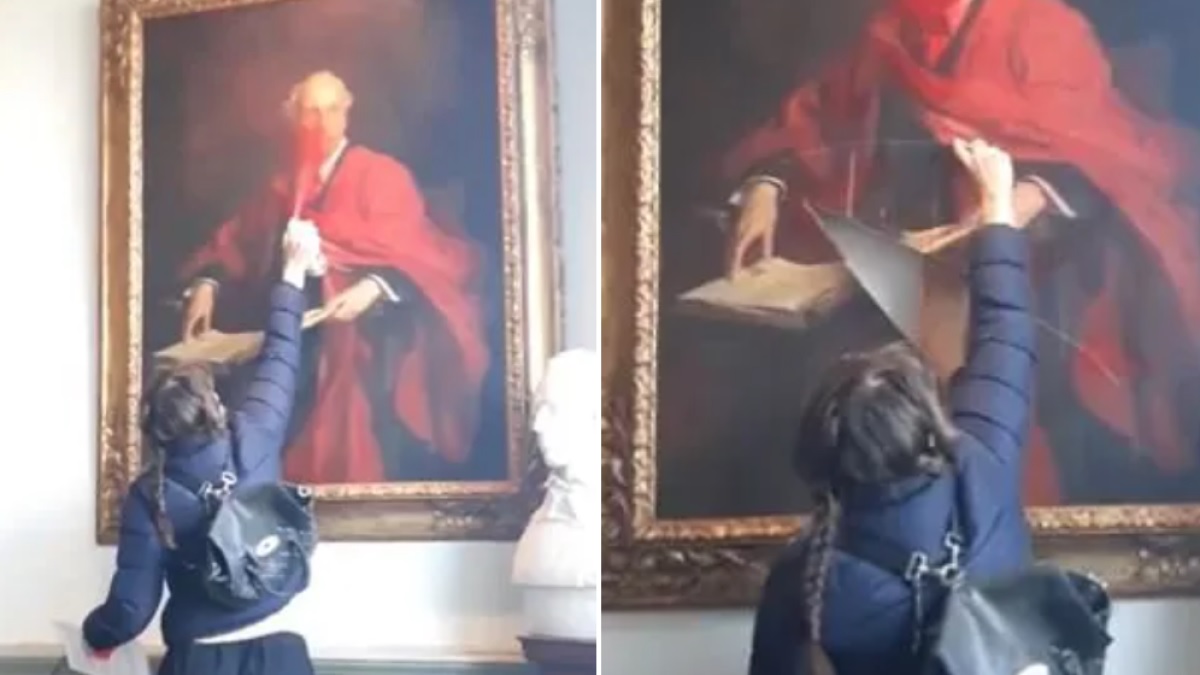 Palestine supporters riot at Cambridge University tear down 110 year old painting of Lord James Balfour