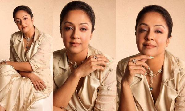 jyothika glamorous look in ivory draped dress and jacket perfect for wedding reception anniversary celebration or dinner 1