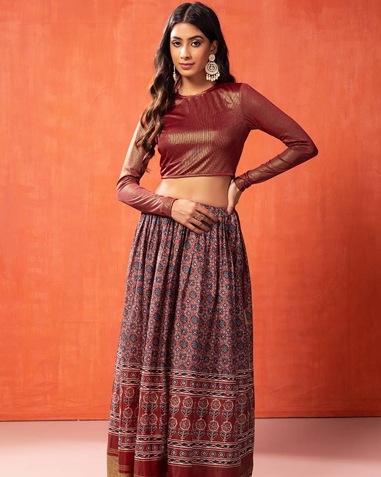 Ajrakh Print Silk Lehenga Skirt