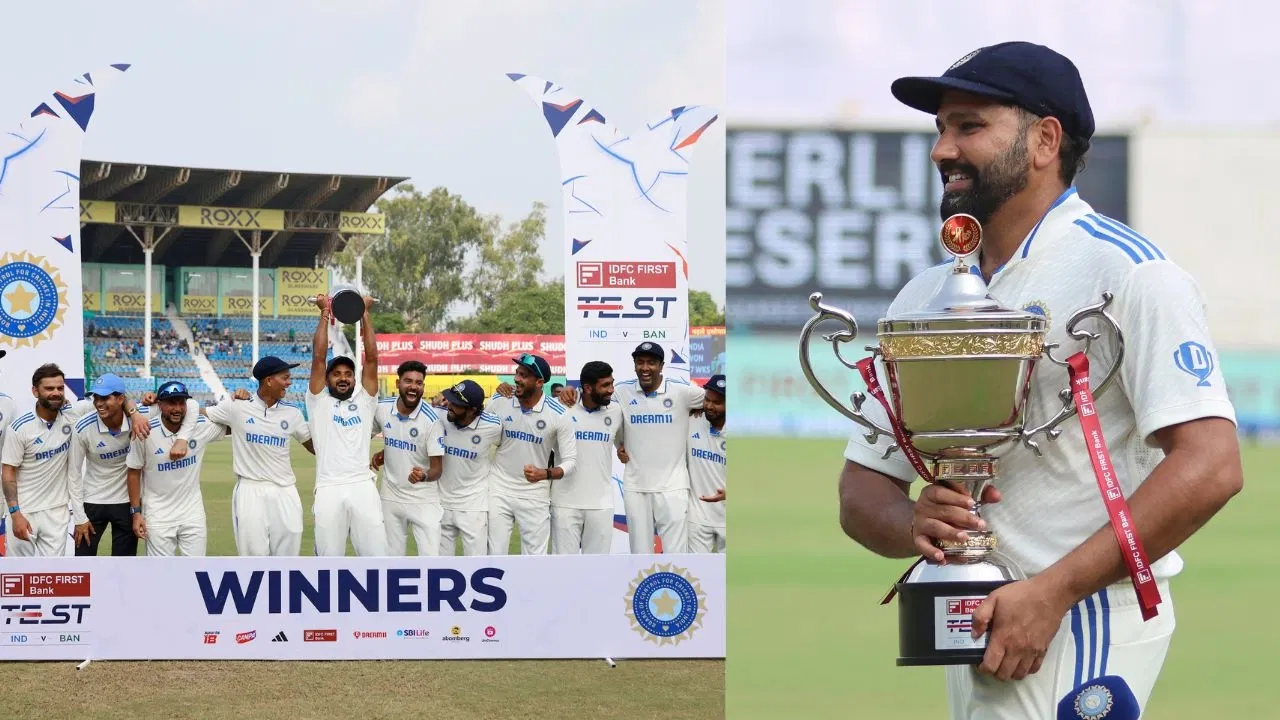 watch rohit sharma gives trophy to akashdeep india celebration after test series win over bangladesh kanpur ind vs ban1