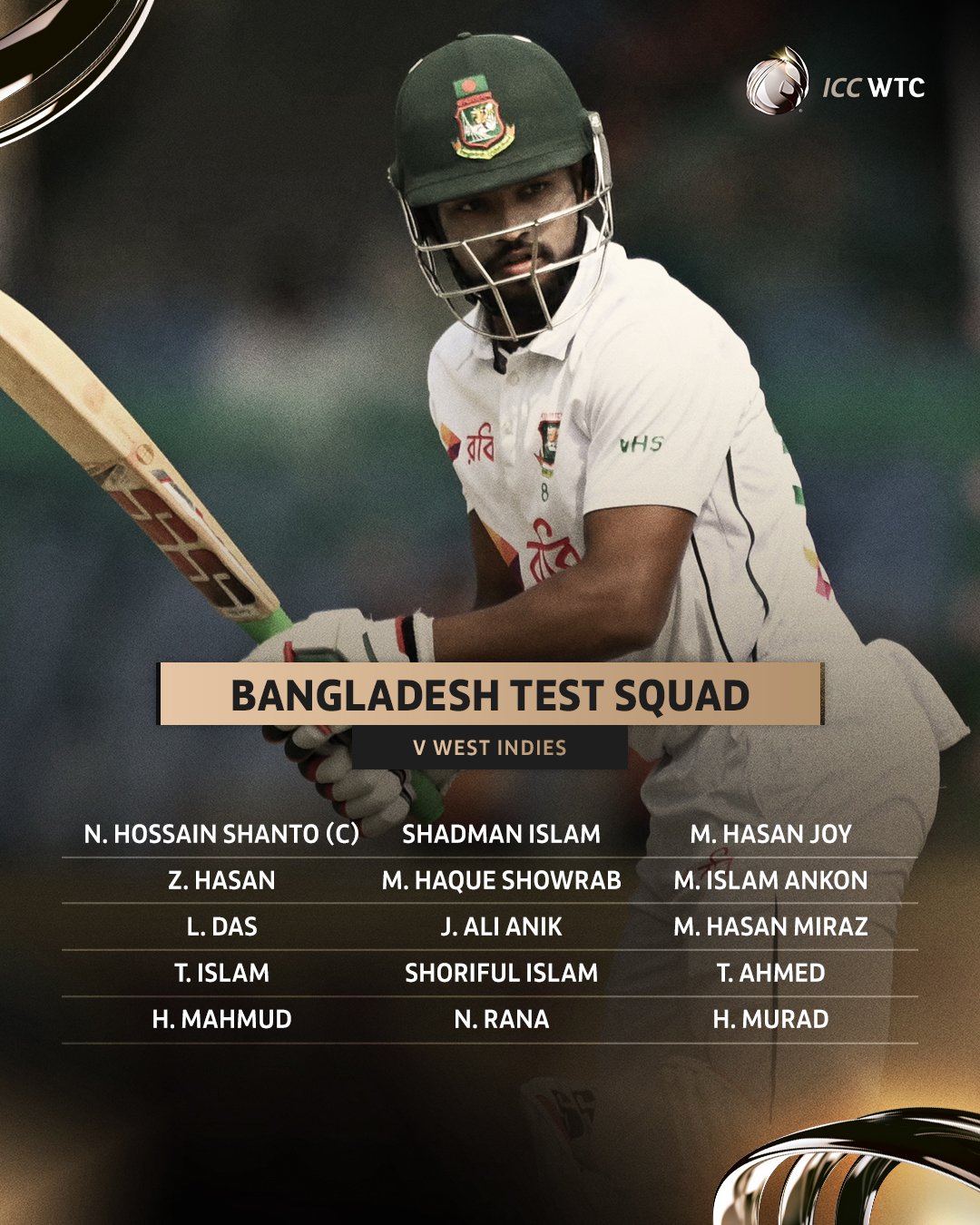 bangladesh team announced for test series against west indies